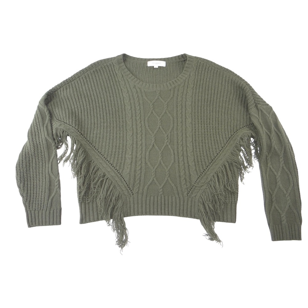 No Comment Womens Olive Green‎ Cable Knit Fringe Sweater Crew Neck Pullover L